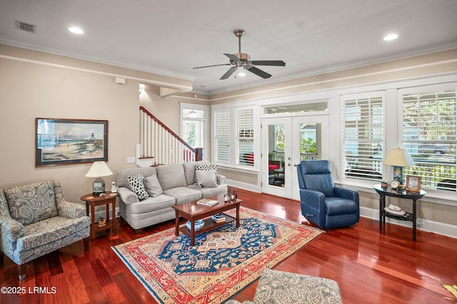 120 Coosaw Club Dr, Beaufort, SC 29907 - living room featuring crown molding, ceiling fan, wood finished floors, baseboards, and recessed lighting