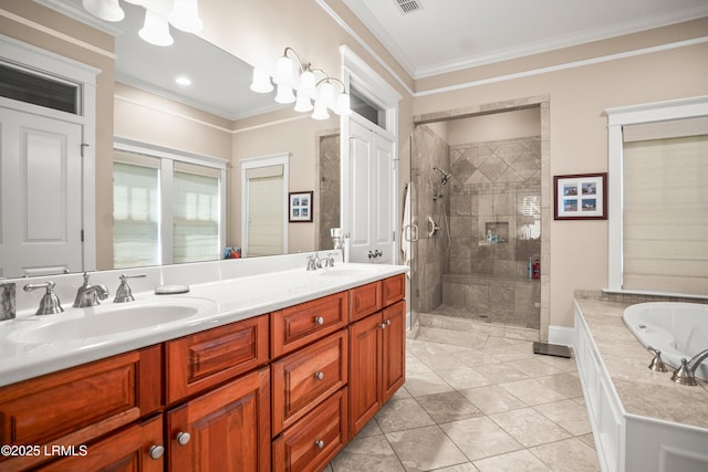 120 Coosaw Club Dr, Beaufort, SC 29907 - bathroom featuring a shower stall, ornamental molding, tile patterned flooring, double vanity, and a bathtub