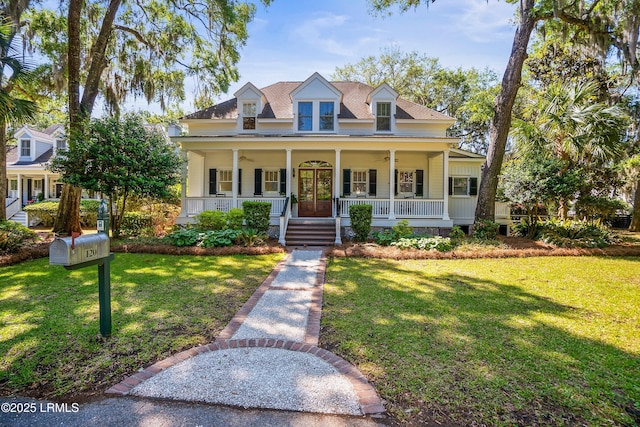 120 Coosaw Club Dr, Beaufort, SC 29907 - view of front of house featuring a porch, a ceiling fan, and a front yard