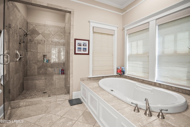 120 Coosaw Club Dr, Beaufort, SC 29907 - bathroom with crown molding, a shower stall, a bath, and tile patterned floors