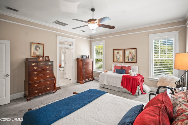 120 Coosaw Club Dr, Beaufort, SC 29907 - bedroom featuring carpet, crown molding, baseboards, connected bathroom, and ceiling fan
