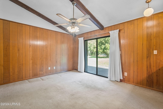 unfurnished room featuring lofted ceiling with beams, light carpet, and ceiling fan