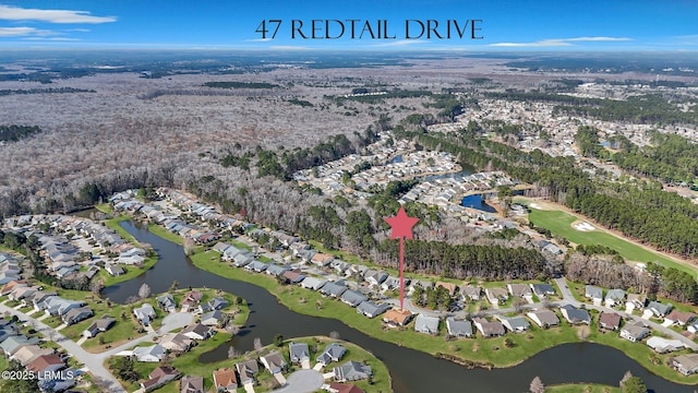 aerial view featuring a water view and a residential view