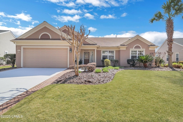 ranch-style home featuring driveway, a front yard, an attached garage, and stucco siding