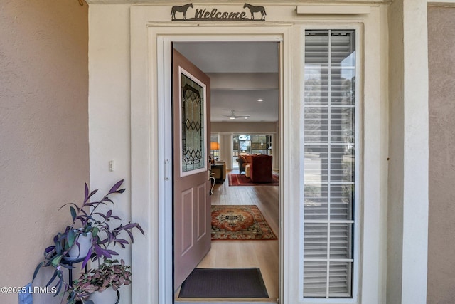 view of exterior entry featuring stucco siding