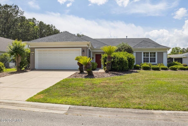 6 Pinyon Dr, Bluffton, SC 29909 - ranch-style home featuring an attached garage, concrete driveway, a front lawn, and stucco siding