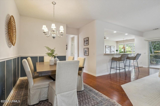 6 Pinyon Dr, Bluffton, SC 29909 - dining space featuring a chandelier, wood finished floors, baseboards, and recessed lighting