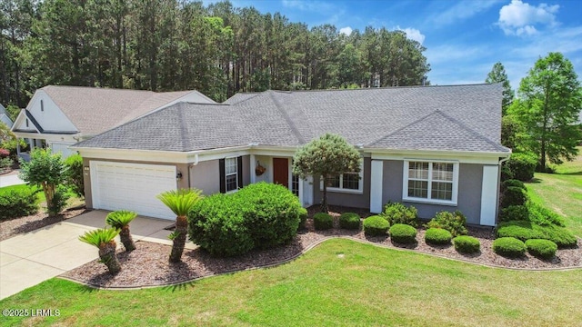 6 Pinyon Dr, Bluffton, SC 29909 - ranch-style home featuring a garage, a front yard, stucco siding, driveway, and a shingled roof