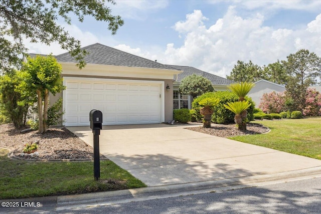 6 Pinyon Dr, Bluffton, SC 29909 - ranch-style house featuring concrete driveway, a garage, stucco siding, a shingled roof, and a front lawn