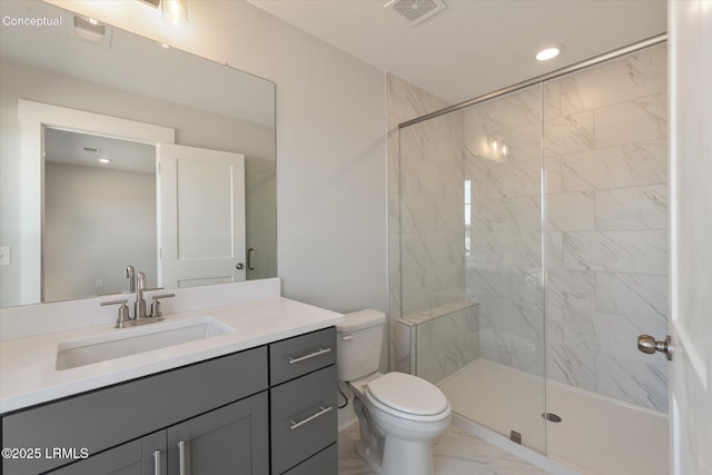 425 Parkside Commons, Bluffton, SC 29910 - bathroom with marble look tiles, vanity, a marble finish shower, and recessed lighting
