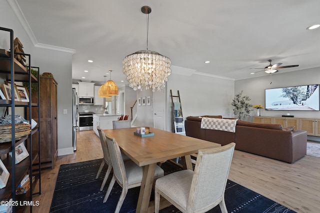 11 Basin Trail St, Beaufort, SC 29902 - dining space featuring ceiling fan, light wood-type flooring, a chandelier, recessed lighting, and crown molding
