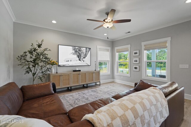 11 Basin Trail St, Beaufort, SC 29902 - living area with wood finished floors, a ceiling fan, baseboards, recessed lighting, and ornamental molding