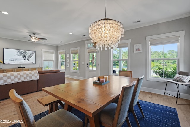 11 Basin Trail St, Beaufort, SC 29902 - dining room with light wood-style floors, baseboards, ornamental molding, ceiling fan, and recessed lighting