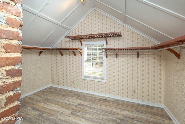 walk in closet with lofted ceiling and hardwood / wood-style floors