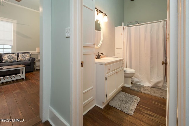 bathroom with walk in shower, wood-type flooring, toilet, and vanity