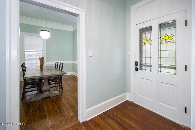 entrance foyer with crown molding, plenty of natural light, and dark wood-type flooring