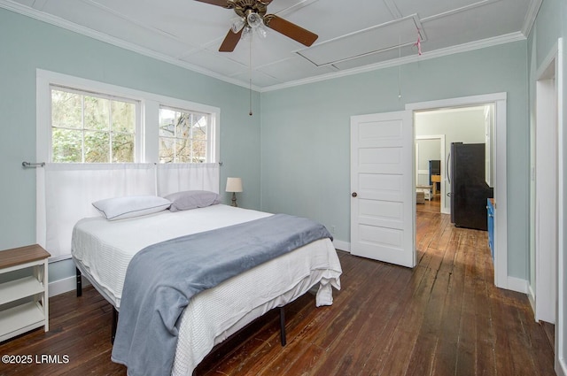 bedroom with dark hardwood / wood-style flooring, ornamental molding, ceiling fan, and refrigerator