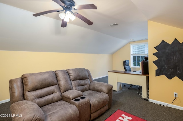 office space with ceiling fan, carpet flooring, and vaulted ceiling