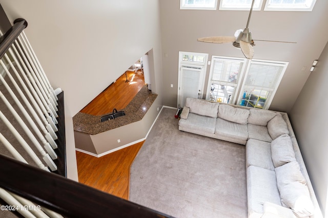 living room featuring wood-type flooring and a towering ceiling