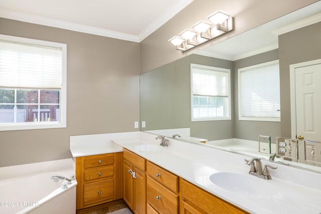 bathroom with vanity, a bath, and crown molding