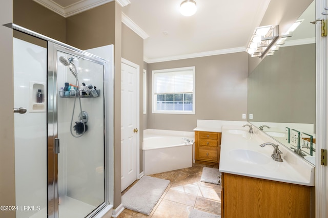 bathroom with vanity, ornamental molding, tile patterned floors, and separate shower and tub