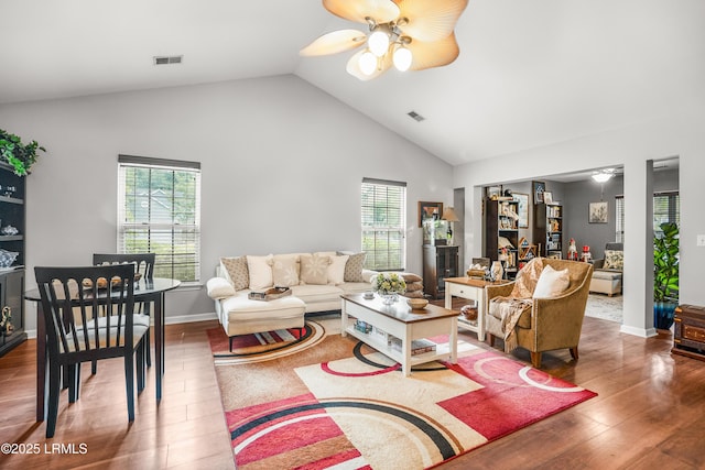 2 Waccamaw Way, Beaufort, SC 29906 - living area with a ceiling fan, high vaulted ceiling, plenty of natural light, and wood finished floors