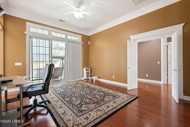 122 Island W Dr, Bluffton, SC 29910 - office area with wood finished floors, visible vents, a ceiling fan, crown molding, and baseboards