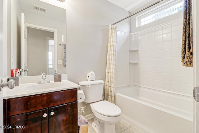 bathroom with tile patterned floors, shower / bathtub combination with curtain, visible vents, toilet, and vanity