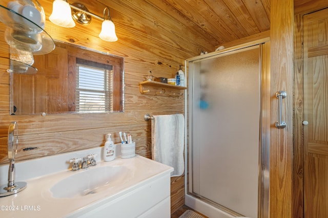 bathroom with vanity, wood ceiling, wooden walls, and walk in shower