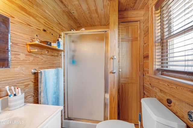 bathroom with wooden walls, a shower with shower door, vanity, wood ceiling, and toilet