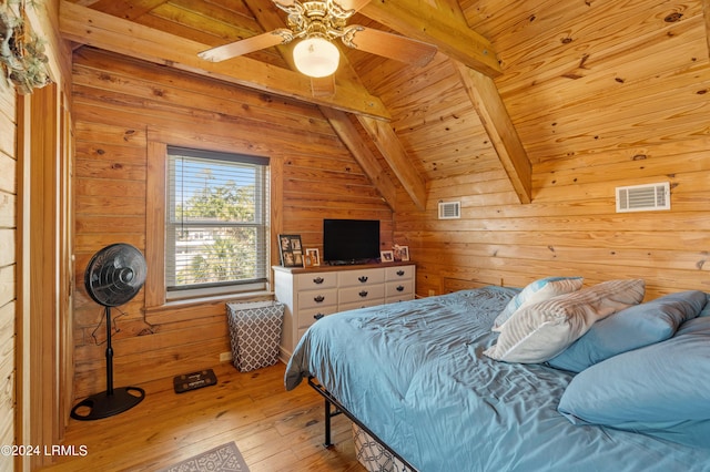 bedroom with vaulted ceiling with beams, ceiling fan, wood walls, and wooden ceiling