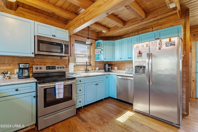 kitchen featuring appliances with stainless steel finishes, wooden walls, sink, wood ceiling, and beam ceiling