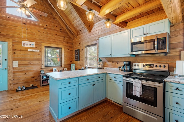 kitchen with appliances with stainless steel finishes, wooden walls, wooden ceiling, kitchen peninsula, and beamed ceiling