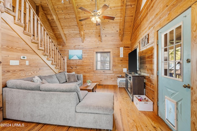 living room featuring wood ceiling, light hardwood / wood-style flooring, a healthy amount of sunlight, beamed ceiling, and wood walls