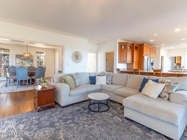 31 Hearthwood Dr, Hilton Head Island, SC 29928 - living area with recessed lighting, ornamental molding, and dark wood finished floors