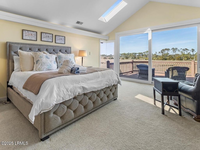 31 Hearthwood Dr, Hilton Head Island, SC 29928 - carpeted bedroom with high vaulted ceiling, access to exterior, visible vents, and a skylight