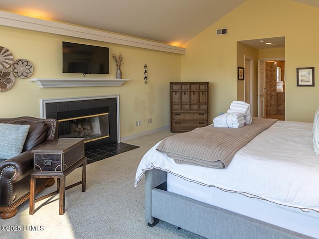 31 Hearthwood Dr, Hilton Head Island, SC 29928 - bedroom with carpet flooring, visible vents, a tile fireplace, baseboards, and lofted ceiling