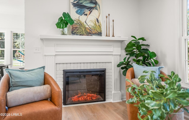 interior space with a brick fireplace and wood finished floors