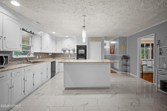 21 River Rd, Yemassee, SC 29945 - kitchen featuring light marble finish flooring, black appliances, white cabinetry, tasteful backsplash, and ornamental molding