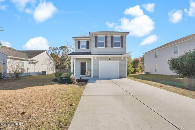 front facade with a garage, central AC, a front yard, and covered porch