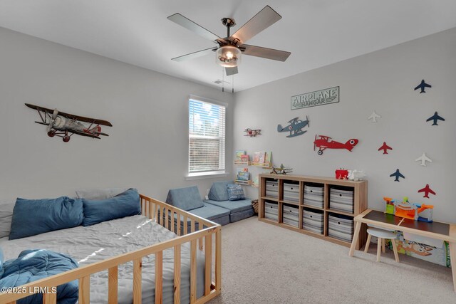 bedroom with carpet floors and ceiling fan