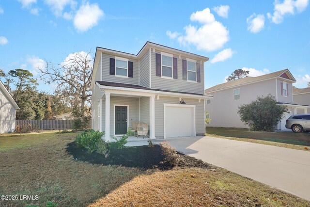 front facade with a porch, a garage, and a front lawn