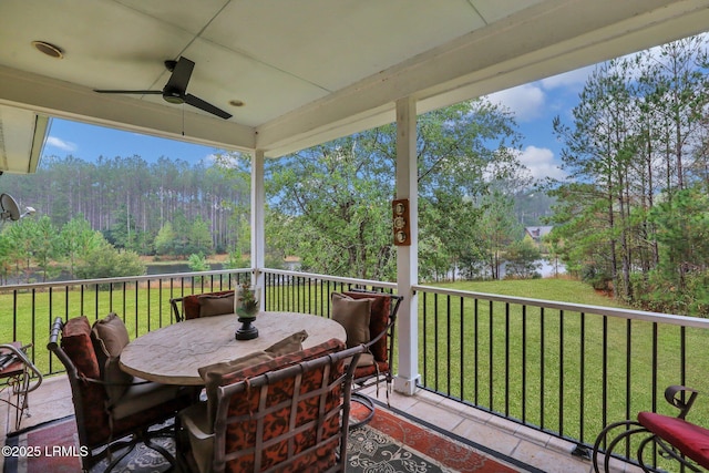 exterior space featuring ceiling fan and a water view