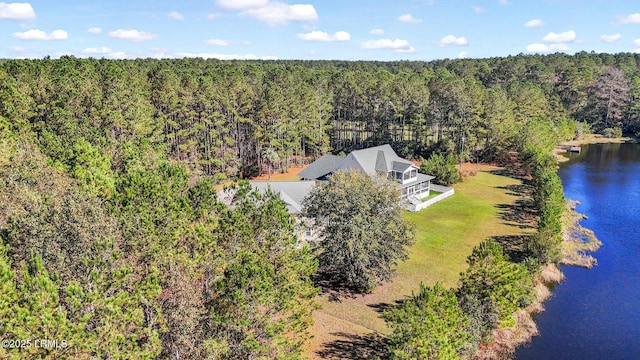 drone / aerial view featuring a water view and a view of trees