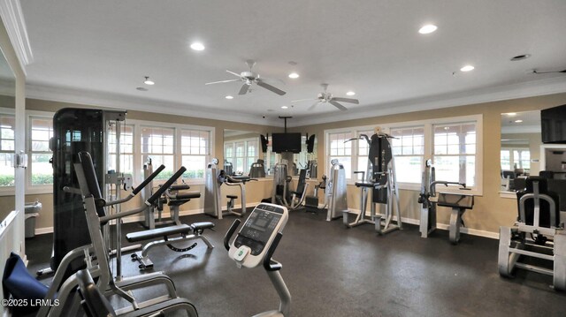 workout area featuring recessed lighting, baseboards, crown molding, and ceiling fan