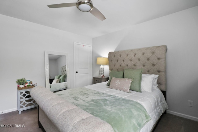 bedroom featuring ceiling fan, carpet flooring, and baseboards