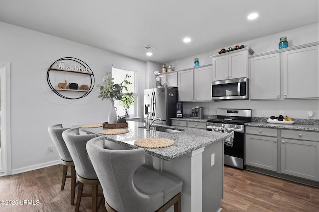 kitchen featuring stainless steel appliances, a breakfast bar area, a center island with sink, and a sink