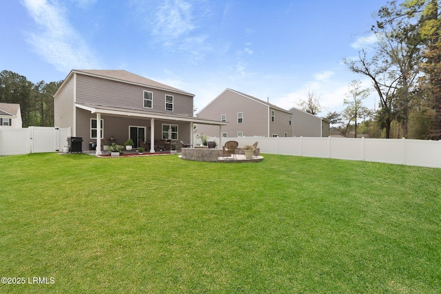 rear view of property with a patio area, cooling unit, a yard, and a fenced backyard
