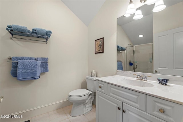 bathroom featuring walk in shower, tile patterned floors, toilet, vaulted ceiling, and vanity