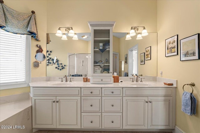 bathroom with vanity, a wealth of natural light, and an enclosed shower